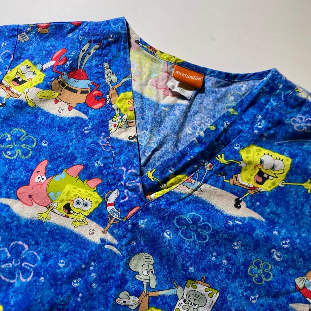 Nickelodeon SpongeBob SquarePants Scrub Top Blue V-Neck Women Small H228